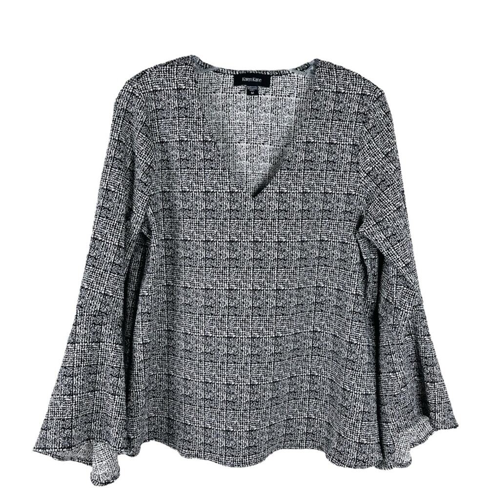 Karen Kane black white plaid speckled preppy office bell sleeve top medium